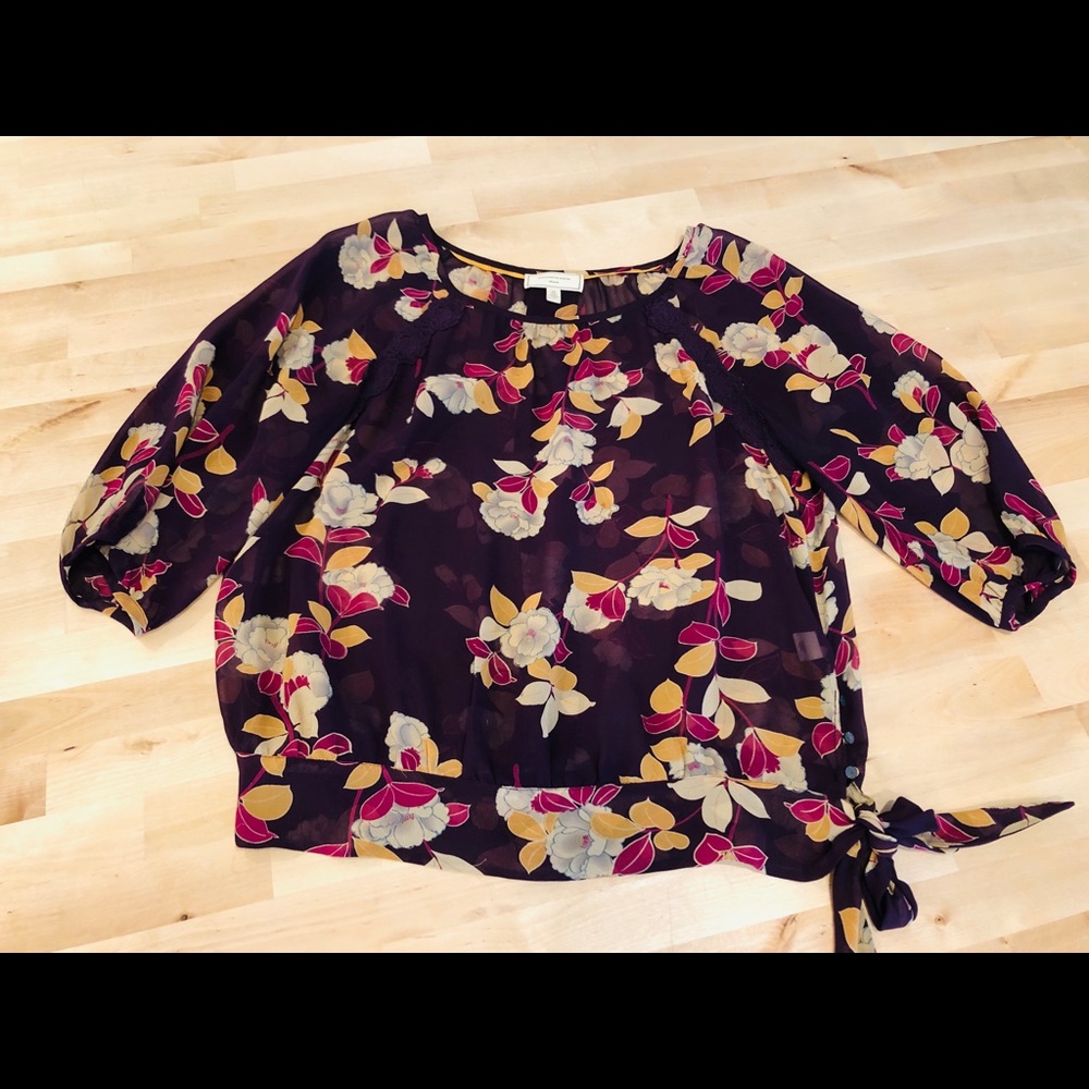 Anthropologie Floral Tie-Hem Blouse in Plum, Mustard & Pink